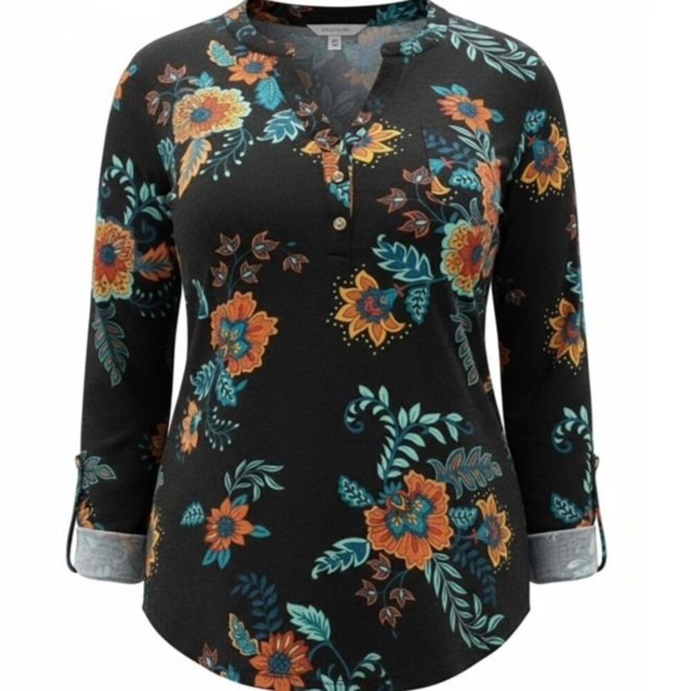 FLORAL 3/4 SLEEVE HENLEY BLOUSE